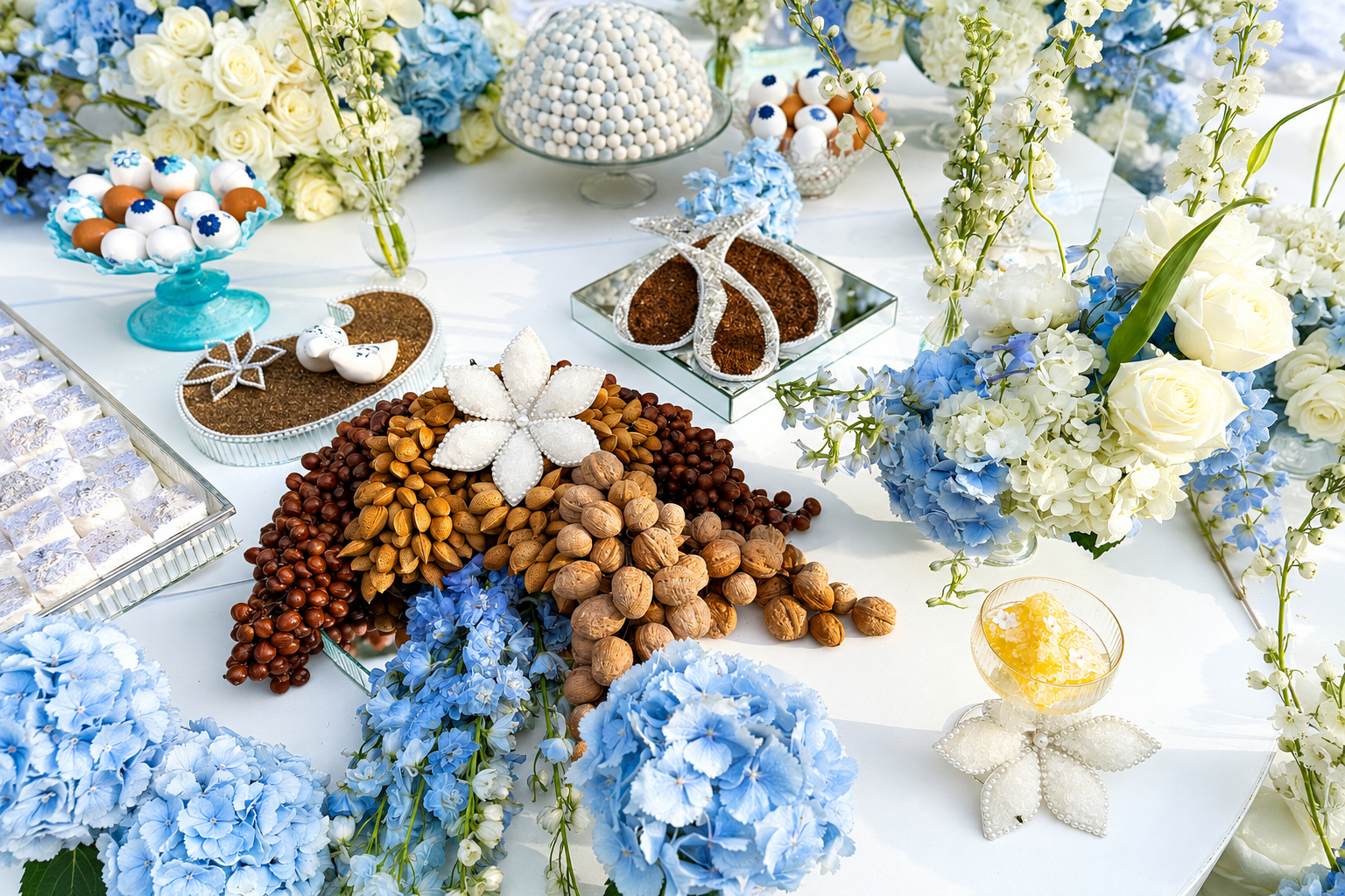Elegant Sofreh Aghd with lush floral arrangements